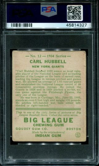 1934 Goudey 12 Carl Hubbell PSA 2 GD GOOD LOOK 2