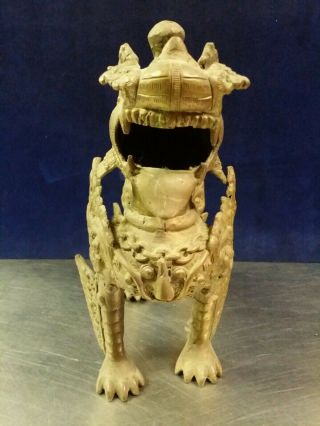 Vtg Chinese Guardian Lion Foo Dog Cast Brass Bronze Statue Censer Incense Burner 3