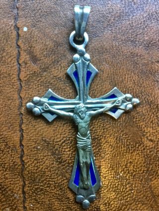Antique Russian Silver & Enamel Crucifix Cross Jesus Pendant St Petersburg C1900