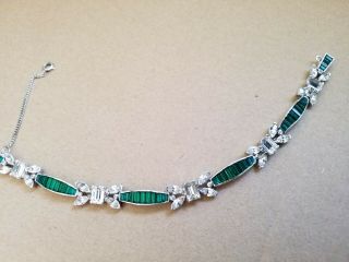 vintage unsigned Art deco inspired green clear rhinestone bracelet 3