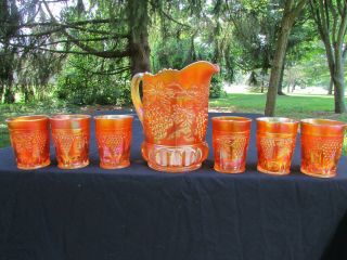 Northwood Grape & Cable Antique Carnival Glass Complete 7 Pc.  Water Set Marigold