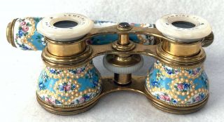 Antique French Lemaire Hand - Painted Rose Beaded Enamel Mop Opera Glasses W/handl