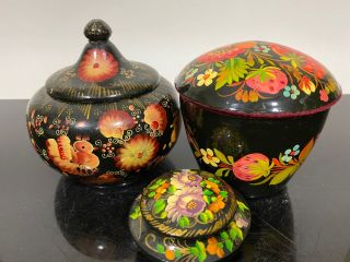 Vintage 3pc Painted Russian Black Lacquer Folk Art Floral Trinket Jewelry Boxes