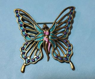 Large Vintage Winged Fairy Butterfly Enamel Art Nouveau Style Brooch Pin
