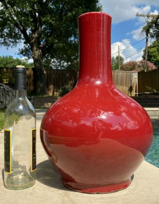 Large Antique Chinese Copper Red Glaze Oxblood Tianqiuping Vase Late Qing