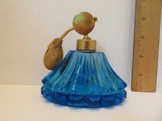 Vintage Blue Glass Perfume Bottle With Atomizer Empty 3 1/2 " Tall