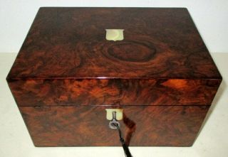 Handsome Victorian Figured Walnut & Mop Box With Side Drawer & Key