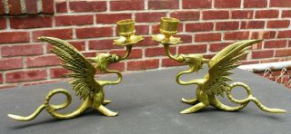 Vintage Winged Dragon Gargoyle Brass Candlesticks
