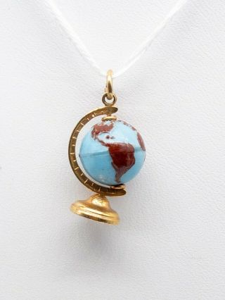 Antique Blue Red Enamel 14k Yellow Gold World Earth Globe Pendant Spins Moves