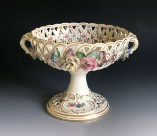 Antique Carl Thieme Dresden Saxony Porcelain Compote Hand Painted Reticulated
