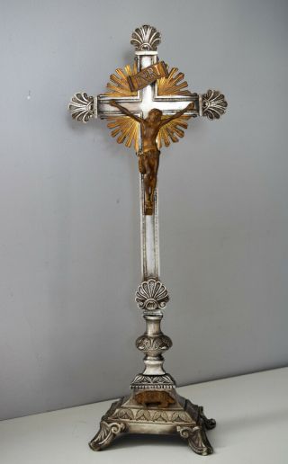 ⭐ Antique Crucifix Silver Plated Bronze,  Altar,  Church Cross,  Made 19th Century⭐