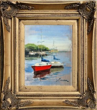Summer Red Boat With Antique Gold Frame,  Oil Painting On Canvas,  Interior Decor