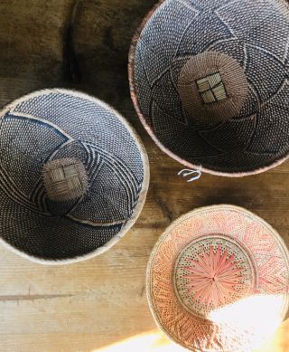 Boho Vintage Round Handwoven Baskets (3) Wall Decor 10” - 12”