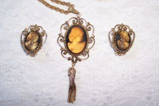 Vintage Whiting And Davis Golden Cameo Necklace And Earring Set
