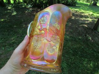 Northwood Singing Birds Antique Carnival Glass Water Pitcher Marigold A Beauty