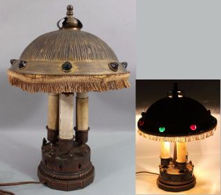Antique Early - 20thc Arts & Crafts Hammered Brass & Copper,  Jeweled Table Lamp