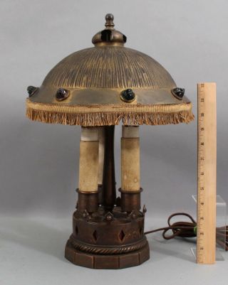 Antique Early - 20thC Arts & Crafts Hammered Brass & Copper,  Jeweled Table Lamp 2