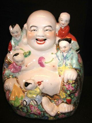 Vintage - Chinese - Ceramic Seated Happy Buddha With 5 Climbing Children Pink