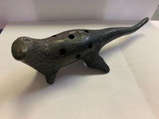 Vintage Hard Carved Black Clay Ocarina Ox Pottered Musical Flute Figural Animal