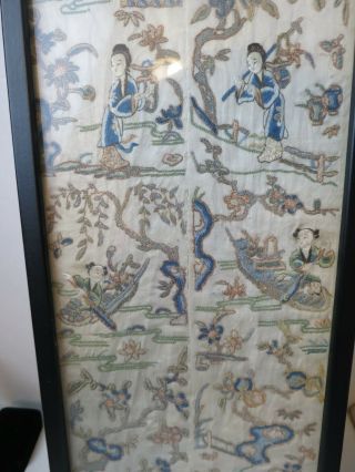 Pair Framed Antique Chinese Silk Embroidery Robe Sleeve Cuff Panels 25 