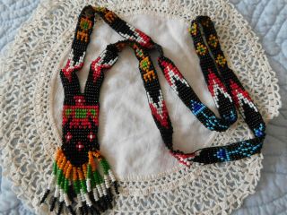 Vintage Seed Glass Beaded Woven 26 " Necklace,  Native American Eagle