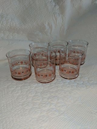 Set Of 6 Vintage Libbey Lowball Whiskey Orange Juice Glasses Pink Glass Floral