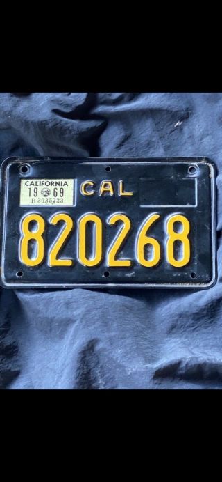 Vintage California Motorcycle License Plate With 1969 Tag.