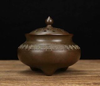 Old Chinese Bronze Incense Burner With Pattern Qianlong Mk H4.  13”