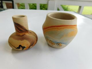 Vtg Marked Native American Indian Nemadji Pottery 2 Small Vases Jars