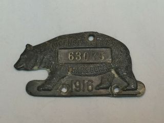 Antique 1916 California Bear License Plate 63075 Tag/tab