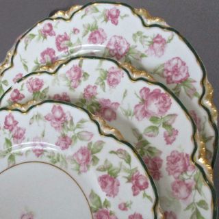 6 Antique Haviland Porcelain 10 " Plates Covered W Pink Roses W Gilt Trim