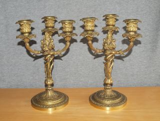 Pair Quality Vintage Gilt Bronze / Ormolu Three Branch Entwined Candelabra