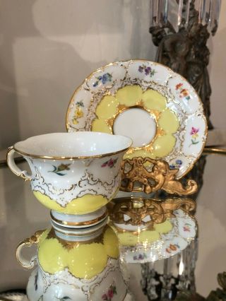 Antique Meissen Demitasse Mini Teacup Saucer Handpainted Flower Yellow Gold Gilt