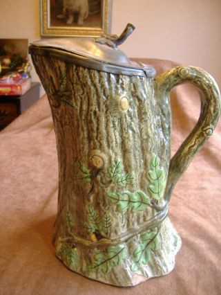 Antique English Majolica Tree Pitcher With Date Mark - Lid - Leaves And Branches
