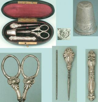 Antique French Ebony Cased Silver Sewing Set W/ Scissors,  Thimble,  Etc.  C1890s