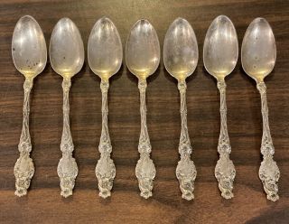 7 Antique Whiting 1902 Lily Sterling Silver Repousse Teaspoons Spoons 220g Fine