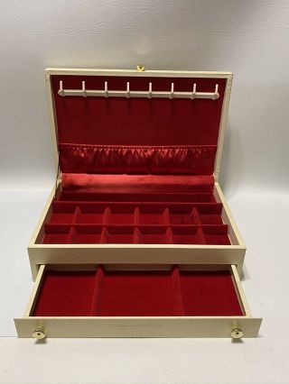Vintage Mele Jewelry Box - Slide Out Drawer - Ivory & Gold Embossed,  Red Velvet Int.