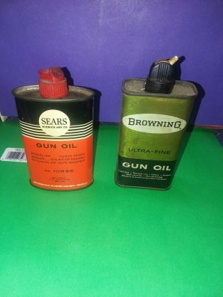 2 Vintage Gun Oil Tins 3 Oz Sears Roebuck & Co & Browning Ultra Fine 4 Oz W/ Oil