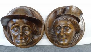 Antique French Hand Carved Walnut Wood Pair Face Brittany Figure - Breton