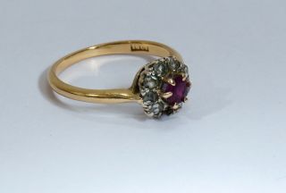 Antique 18 Carat Gold Ring Set With Old Cut Diamonds & Ruby.  Uk Size 