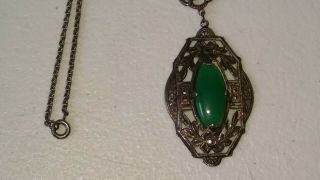 Antique Art Deco Sterling Silver Jade And Marcasite Necklace Pendant