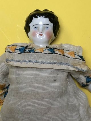 Antique German China Head Early Doll 9 " Germany Dollhouse Size Dress Low Brow
