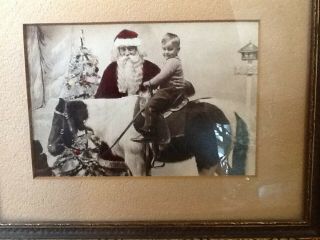 Vintage Framed Photograph Mid - Century Santa Claus With Child On Pony