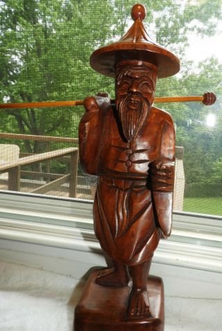 Vintage Chinese/asian Hand Carved Solid Wooden Old Fisherman Figurine