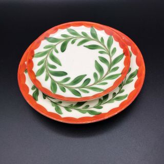 Vtg Erphila Czech Pottery Hand Painted Boho Set 2 Small Plates Green Leaf Orange