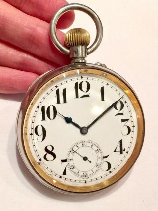 Antique Swiss Movement Goliath 8 Day Pocket Watch Ft.  Glass Movement Dust Cover