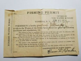 Orig 1929 Fishing Permit Yonkers Ny Water For Grassy Sprain Reservoir Nr