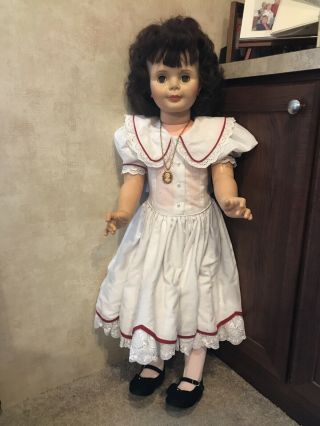 Vintage Playpal Doll 36 " Tall,  Brunette Hair,  Eyelet Dress,  Tights & Shoes