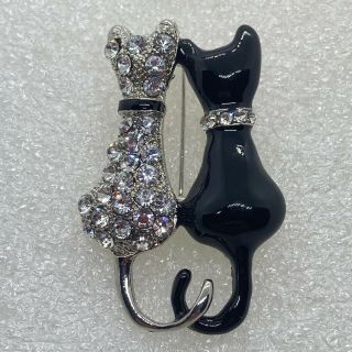 Vintage Cat Couple Brooch Pin Rhinestone Black Enamel Lovers Costume Jewelry