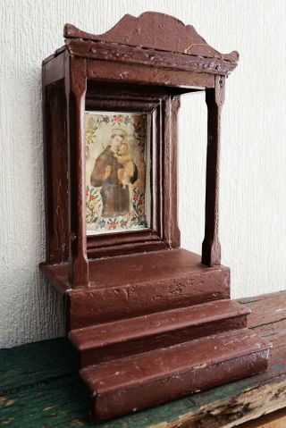 Antique Folk Mexican Nicho Wood and Glass San Antonio Cross Stitch & Lithography 2